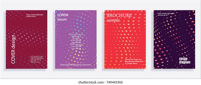 Minimalistic cover design templates. Set of layouts for covers of books, albums, notebooks, reports, magazines. Line halftone gradient effect, flat modern abstract design. Geometric mock-up texture