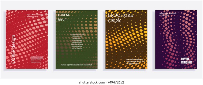 Minimalistic cover design templates. Set of layouts for covers of books, albums, notebooks, reports, magazines. Line halftone gradient effect, flat modern abstract design. Geometric mock-up texture