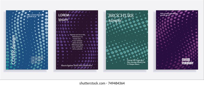 Minimalistic cover design templates. Set of layouts for covers of books, albums, notebooks, reports, magazines. Line halftone gradient effect, flat modern abstract design. Geometric mock-up texture