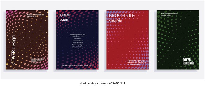 Minimalistic cover design templates. Set of layouts for covers of books, albums, notebooks, reports, magazines. Line halftone gradient effect, flat modern abstract design. Geometric mock-up texture