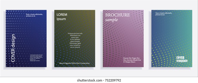 Minimalistic cover design templates. Set of layouts for covers of books, albums, notebooks, reports, magazines. Line halftone gradient effect, flat modern abstract design. Geometric mock-up texture