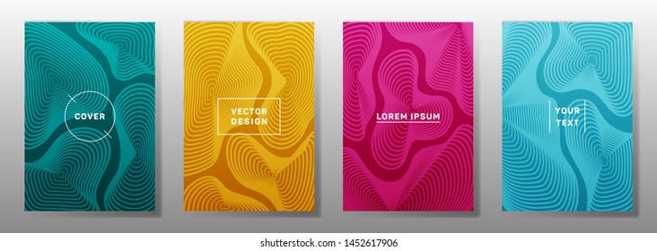 Conjunto de plantillas de portada minimalistas. La curva fluida da forma a los patrones de líneas geométricas. Fondos digitales para notas, portadas de papel de aviso. Modalidades de línea, elementos de encabezado. Plantillas de portada.