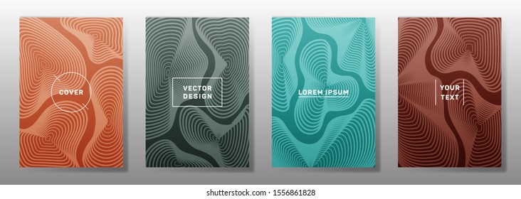 Minimalistic cover templates set. Fluid curve shapes geometric lines patterns. Digital poster, flyer, banner vector backgrounds. Line shapes patterns, header elements. Annual report covers.