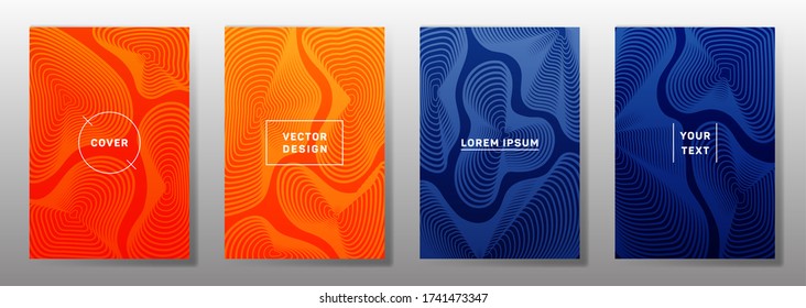 Fijación de plantillas de portada minimalistas. La curva de fluidos da forma a los patrones de líneas geométricas. Afiche de semitono, volante, fondos vectoriales de banner. Textura de líneas, elementos de título de encabezado. El informe anual abarca las cuestiones.