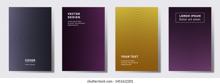 Minimalistic cover templates set. Geometric lines patterns with edges, angles. Geometric backgrounds for catalogues, business magazine. Line stripes graphics, title elements. Annual report covers.
