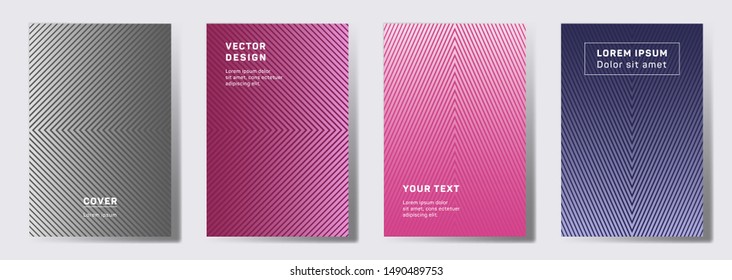 Minimalistic cover templates set. Geometric lines patterns with edges, angles. Geometric backgrounds for notepads, notice paper covers. Line stripes graphics, title elements. Cover page templates.
