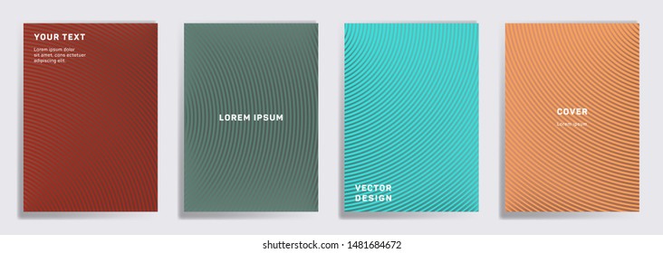 Minimalistic cover templates set. Radial semicircle geometric lines patterns. Modern backgrounds for cataloges, corporate brochures. Line stripes graphics, title elements. Cover page layouts set.