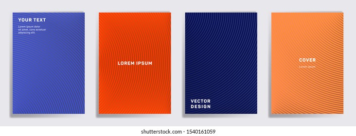 Minimalistic cover templates set. Radial semicircle geometric lines patterns. Linear poster, flyer, banner vector backgrounds. Line stripes graphics, title elements. Cover page templates.