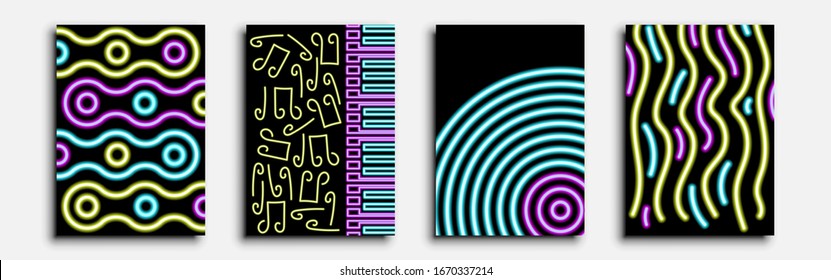 Minimalistic covers design. Neon Cyan, Magenta, Yellow. Set of four flyers. Cyberpunk neon lines. This abstraction can be used for invitations, posters and flyers. Vector illustration.