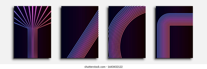 Minimalistic covers design. Neon rainbow (blue, purple and red). Set of four flyers. Cyberpunk neon lines. This abstraction can be used for invitations, posters and flyers. Vector illustration.