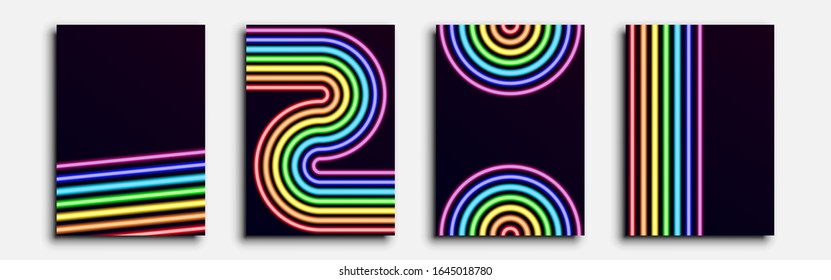 Minimalistic covers design. Neon rainbow. Set of four flyers. Cyberpunk neon lines. This abstraction can be used for invitations, posters and flyers. Vector illustration.