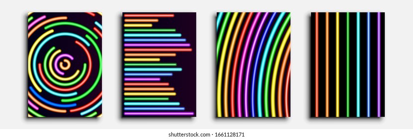 Minimalistic covers design. Neon rainbow. Set of four flyers. Cyberpunk neon lines. This abstraction can be used for invitations, posters and flyers. Vector illustration.