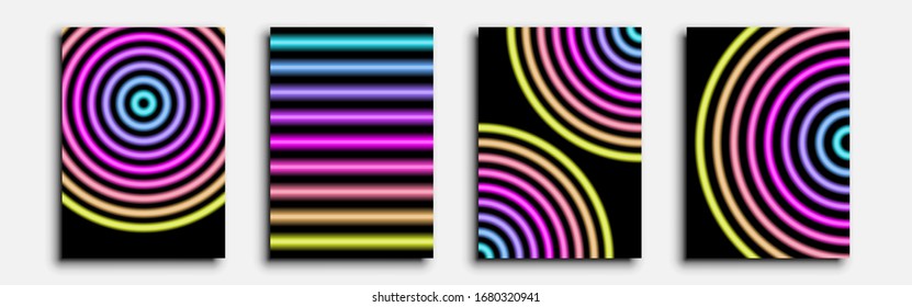 Minimalistic covers design. Neon rainbow (cyan, yellow, magenta). Set of four flyers. Cyberpunk neon lines. This abstraction can be used for invitations, posters and flyers. Vector illustration.