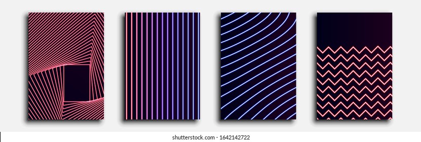 Minimalistic covers design. Set of four flyers. Cyberpunk neon lines. This abstraction can be used for invitations, posters and flyers. Vector illustration.