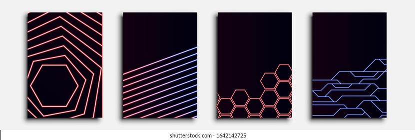 Minimalistic covers design. Set of four flyers. Cyberpunk neon lines. This abstraction can be used for invitations, posters and flyers. Vector illustration.