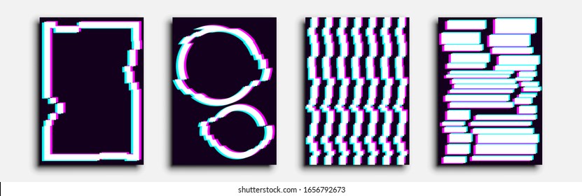 Minimalistic covers design. Set of four flyers. Cyberpunk glitch art. This abstraction can be used for invitations, posters and flyers. Vector illustration.