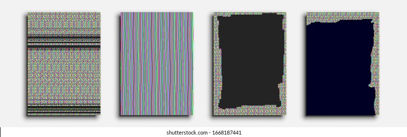 Minimalistic covers design. Set of four flyers. Cyberpunk glitch art. Noise (interference) on the TV screen. This abstraction can be used for invitations, posters and flyers. Vector illustration.