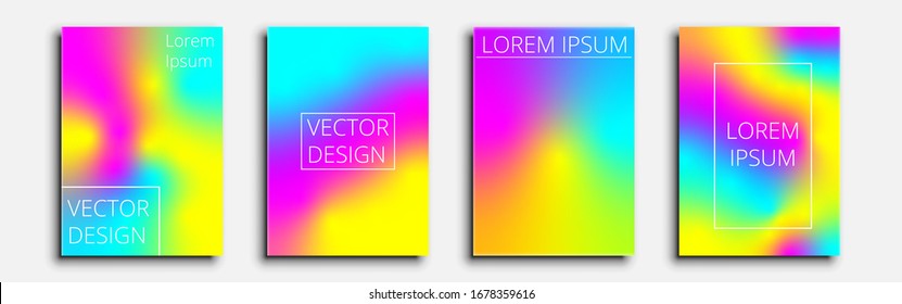 Minimalistic covers design. Set of four flyers. Colorful abstraction bright gradient (cyan, yellow and magenta). This abstraction can be used for invitations, posters and flyers. Vector illustration.