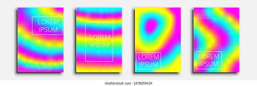 Diseño de portadas minimalistas. Conjunto de cuatro volantes. Gradiente brillante de abstracción colorida (cian, amarillo y magenta). Esta abstracción puede ser utilizada para invitaciones, carteles y volantes. Ilustración vectorial.