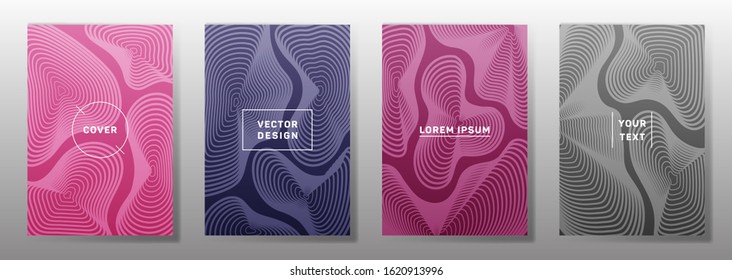 Minimalistic covers linear design. Fluid curve shapes geometric lines patterns. Geometric backgrounds for notepads, notice paper covers. Line shapes patterns, header elements. Cover page templates.
