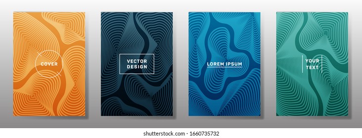 Tapas minimalistas de diseño lineal. La curva fluida da forma a los patrones de líneas geométricas. Cartel geométrico, volante, fondos vectoriales banner. Textura de líneas, elementos de título de encabezado. Plantillas de portada.