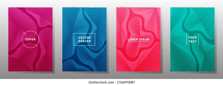 Minimalistic covers linear design. Fluid curve shapes geometric lines patterns. Geometric poster, flyer, banner vector backgrounds. Line stripes graphics, title elements. Cover page layouts set.
