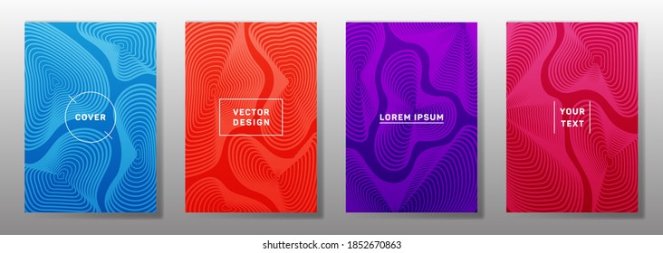 Tapas minimalistas de diseño lineal. La curva de fluidos da forma a los patrones de líneas geométricas. Antecedentes abstractos de las notas, portadas de papel de aviso. Patrones de formas de línea, elementos de encabezado. El informe anual abarca las cuestiones.