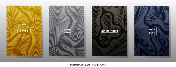 Minimalistic covers linear design. Fluid curve shapes geometric lines patterns. Modern poster, flyer, banner vector backgrounds. Line stripes graphics, title elements. Cover page templates.