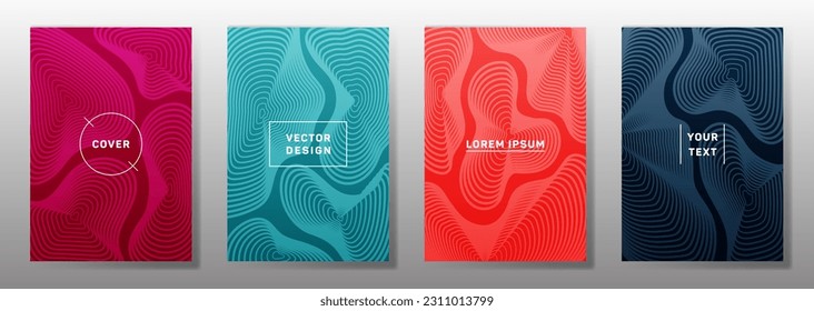 Tapas minimalistas de diseño lineal. La curva de fluidos da forma a los patrones de líneas geométricas. Antecedentes digitales para catálogos, folletos corporativos. Patrones de formas de línea, elementos de encabezado. Diseños de portada definidos.