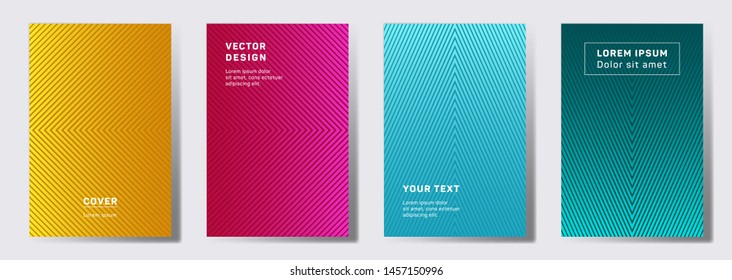 Minimalistic covers linear design. Geometric lines patterns with edges, angles. Halftone backgrounds for notepads, notice paper covers. Line stripes graphics, title elements. Cover page layouts set.