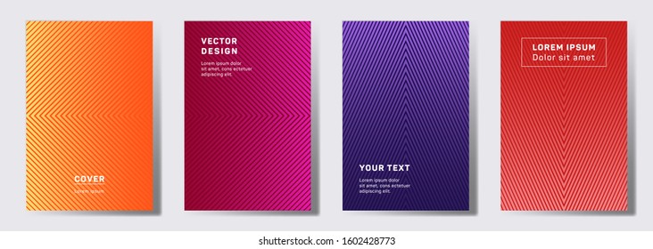 Minimalistic covers linear design. Geometric lines patterns with edges, angles. Halftone backgrounds for notepads, notice paper covers. Line stripes graphics, title elements. Annual report covers.