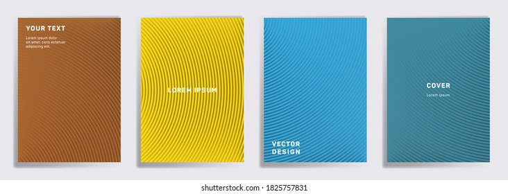 Minimalistic covers linear design. Radial semicircle geometric lines patterns. Cool poster, flyer, banner vector backgrounds. Line stripes graphics, title elements. Annual report covers.