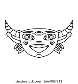 Minimalistic creative line art. Black icon isolated on white background. Angry demon head with horns, third eye, nose and lips. Spiritual modern tattoo. Halloween mask. Original illustration. Devil.