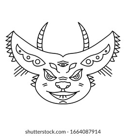 Minimalistic creative line art. Black icon isolated on white background. Angry demon head with horns, third eye, nose and lips. Spiritual modern tattoo. Halloween mask. Original illustration. Devil.