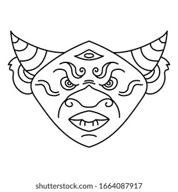 Minimalistic creative line art. Black icon isolated on white background. Angry demon head with horns, third eye, nose and lips. Spiritual modern tattoo. Halloween mask. Original illustration. Devil.