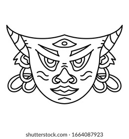 Minimalistic creative line art. Black icon isolated on white background. Angry demon head with horns, third eye, nose and lips. Spiritual modern tattoo. Halloween mask. Original illustration. Devil.