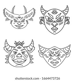 Minimalistic creative line art. Black icon isolated on white background. Angry demon head with horns, third eye, nose and lips. Spiritual modern tattoo. Halloween mask. Original illustration. Devil.