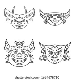 Minimalistic creative line art. Black icon isolated on white background. Angry demon head with horns, third eye, nose and lips. Spiritual modern tattoo. Halloween mask. Original illustration. Devil.