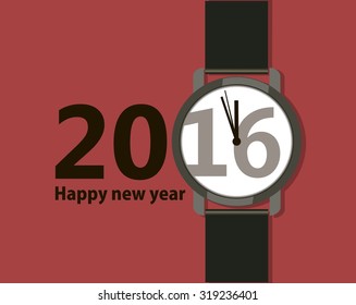 Minimalistic Creative poster with a wristwatch Happy New Year 2016. Flat design