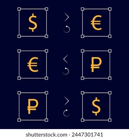 Minimalistic currency exchange icons. Conversion of US dollars, European euros and Russian rubles.