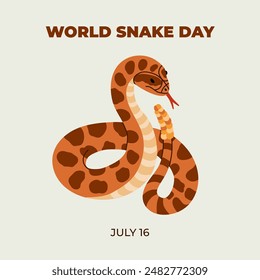 Minimalistic cute banner for World Snake Day at 16th of July with cartoon rattlesnake, typography. Holiday concept for website, poster, background, card to raise awareness about importance of snakes.