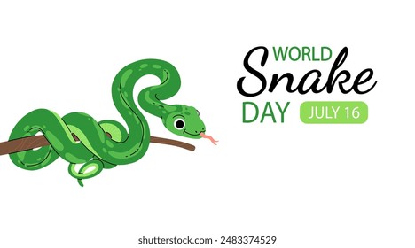 Minimalistic cute banner for World Snake Day at 16th of July with cartoon green snake, typography. Holiday concept for website, poster, background, card to raise awareness about importance of snakes.