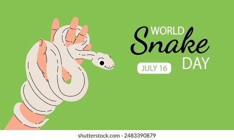 Minimalistic cute banner for World Snake Day at 16th of July with cartoon green snake, typography. Holiday concept for website, poster, background, card to raise awareness about importance of snakes.