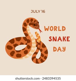 Minimalistic cute banner for World Snake Day at 16th of July with cartoon jungle rattlesnake and lettering. Holiday concept for poster, background, card to raise awareness about importance of snakes.