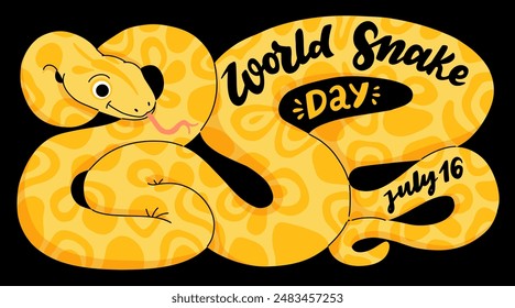 Minimalistic cute banner for World Snake Day at 16th of July with cartoon yellow python snake, with typography. Holiday concept for website, poster, background, card, awareness of snakes.