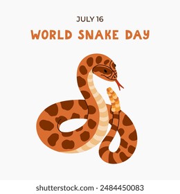 Minimalistic cute banner for World Snake Day at 16th of July with cartoon jungle rattlesnake and lettering. Holiday concept for poster, background, card to raise awareness about importance of snakes.