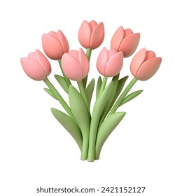 Minimalistic cute bouquet Tulips bouquet 3D vector illustration. 3D bouquet of flowers.