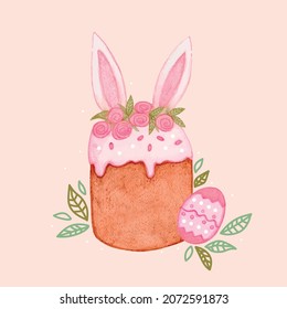 Minimalistic cute illustration of Easter cake bunny with flowers roses. Delicate pink colors. Poster. The card. A postcard for the holiday. Sticker with leaves. Wallpaper