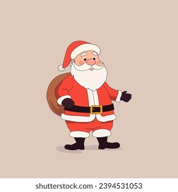 minimalistic cute santa with a kind look and a gift bag behind his back