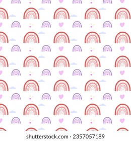 Minimalistic cute seamless pattern of scandinavian rainbows. Vector illustration in pastel pink and lilac  on a white background. For textile, print decor, childish wallpapers, gift paper, posters.